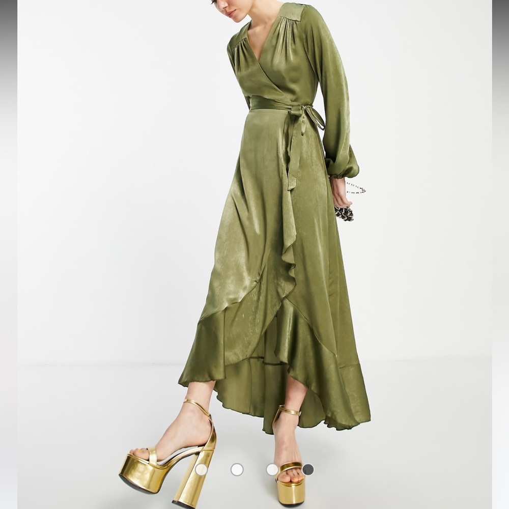 Flounce London satin midi wrap dress with long sleeves